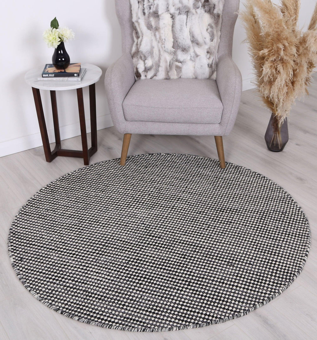 Charcoal Grey Reversible Wool Round Rug